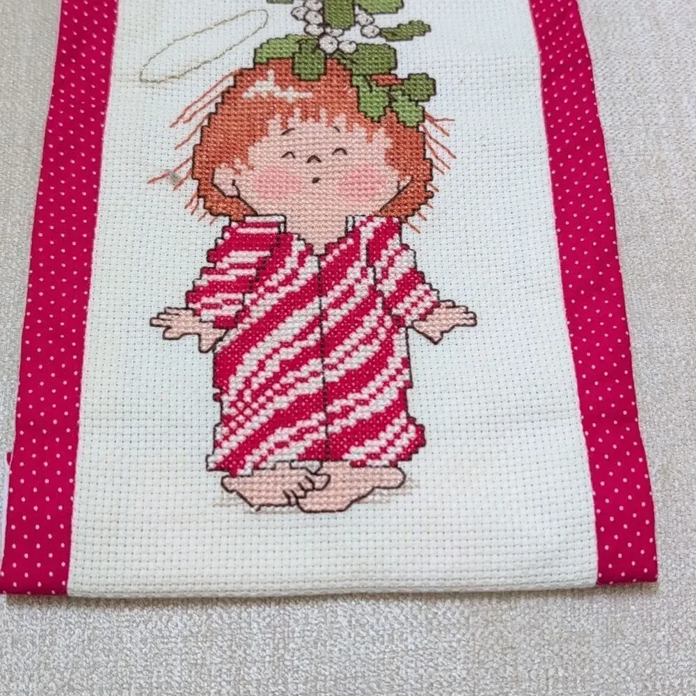 Pucker Up... It's Christmas! Handmade Cross-stitch Embroidery Wall Hanging